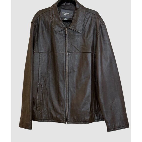 Vintage Eddie Bauer Men's Lambskin Leather Moto Zip Front Jacket Brown Sz XLT - Picture 6 of 6